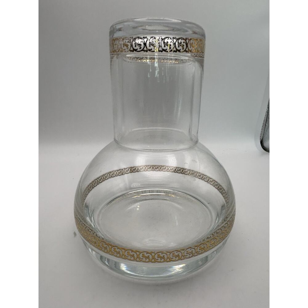 BOMBAY ELEGANT GLASS BEDSIDE CARAFE WITH MATCHING GLASS ACCENTED WITH GOLD TRIM